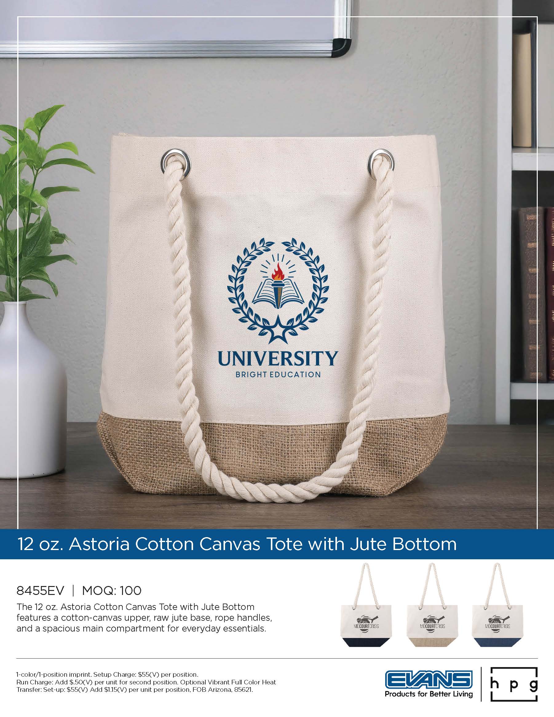 8455EV Astoria Cotton Canvas Tote with Jute Bottom
